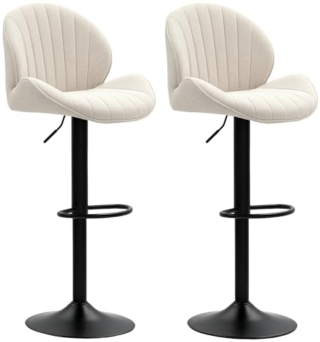 HOMCOM Barhocker 2er Set Höhenverstellbar Drehbar mit Rückenlehne Beige | Tresenhocker, Barstuhl, Fußstütze, Rutschfest, Hocker mit Chenille-Optik