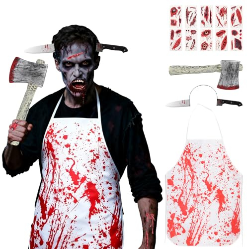 Disfraz de Carnicero Halloween, Aterrador Hombre Disfraz Terror con Delantal Ensangrentado, Cuchillo con Diadema, Cuchillo Ensangrentado, 10 Tatuajes, para Hombre Mujer Adultos Decoración Halloween