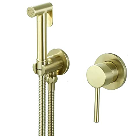 Toilet Bidet Sprayer Brass Handheld Set Portable Cloth Diaper Concealed Faucet with Hot and Cold Water Bathroom Shower Attachment for Personal Hygiene (Brushed Gold)