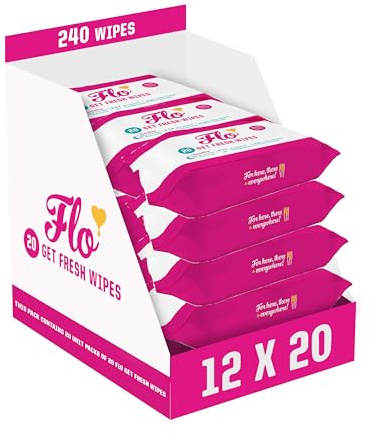 Flo Get Fresh Wipes - pH Balanced Feminine Wipes - 20 Count (Pack of 12) | Super Soft - Soothing Aloe Vera, Coconut, Shea Butter - Sensitive Skin Friendly - Made with Plant Cellulose - Vegan Friendly
