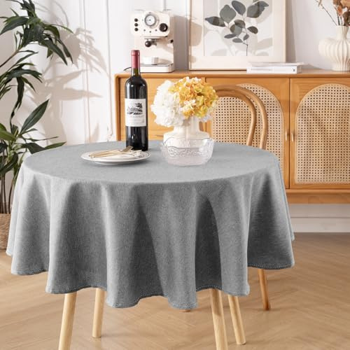 Tischdecke Abwaschbar Grau – Rund 140cm Tischtuch aus Polyester in Leinenoptik, Wasserabweisend mit Lotuseffekt, Kratzfest und Pflegeleicht für Wohnzimmer, Esszimmer, Balkon & Garten