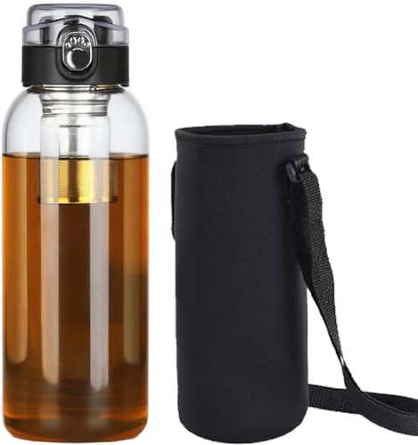MZSX Gourde en verre avec infuseur à thé, Bouteille Verre 1500 ml, avec étui de protection, anti-fuite, pour boissons chaudes et froides, pour Gym Sport Extérieur Anti-fuite