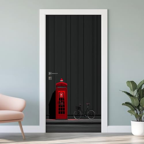 London Telefonzelle Türfolie Selbstklebend, Fahrrad 3D Fototapete Türposter, Schwarz Streifen Modern Türtapete Vinyl Wasserfest für Schlafzimmer Wohnzimmer Küche 90x200 cm G6s10