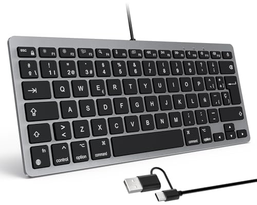 OMOTON Teclado con Cable para Mac, Teclado con conexión Dual (Type C/USB), Teclas silenciosas y conexión Estable, Compatible con Mac, iMac, Mac Mini (Gris)