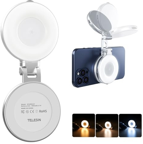 TELESIN C03 - Luz magnética para selfies para smartphones, compatible con Magsafe, CRI97 360 ° LED anillo de luz con espejo – Luz para smartphone, ideal para selfies, fotografía, llamadas de zoom y
