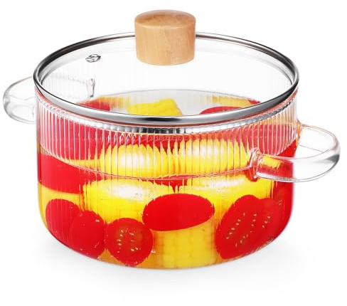 FOMIYES Casserole à Mijoter en Verre Transparent 1,6 L Manche en Bois et Couvercle, Marmite Cuisine pour Cuisson Polyvalente et Service de Soupes, Usage Familial
