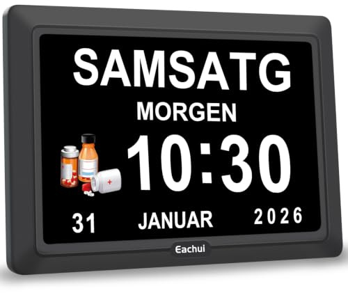 Eachui Digitaler Demenz Uhr Großes Display für Senioren,Plug in(7 Zoll) | Datum Tag der Woche Kalender Uhr 20 Erinnerungen 3 Klingeltöne 10 Stufen Lautstärke, Auto DST