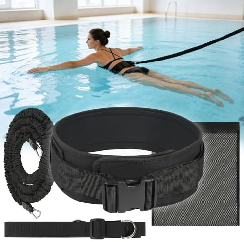 Alaoo Swimming Training Belt, Swimming Belts with Extension Strap and Elastic Cord, Swim Training Belt Equipped Adjustable 2.5–7.5m with Storage Mesh Bag for Kids Adults or Fitness Enthusiasts, Black