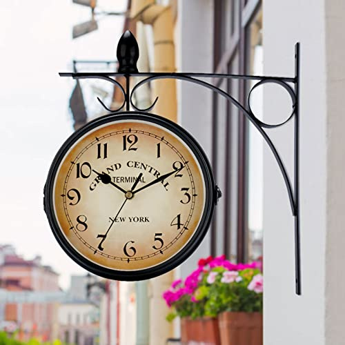 VeftBltrem Doppelwanduhr, Wanduhr im antiken Stil, Bahnhof, Wanddekoration, aus Eisen, Antik-Optik, Retro-Station, zweiseitig, leicht lesbar, Wandmontage, für die Innendekoration