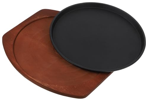 JHKNNK Plancha para Filetes de Hierro Fundido 25 Cm Base de Madera Roja, Sartén para Asar Carne, Parrilla para Bistec para Cocina de Inducción y Uso Comercial
