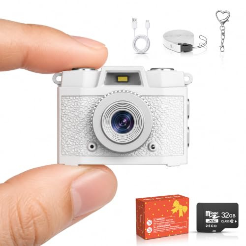 Mini-Appareil Photo numérique rétro en Porte-clés 1080p | Flash intégré et 5 filtres vintage, avec carte mémoire de 32 Go, écran HD de 1,47 pouces, rechargeable via USB-C