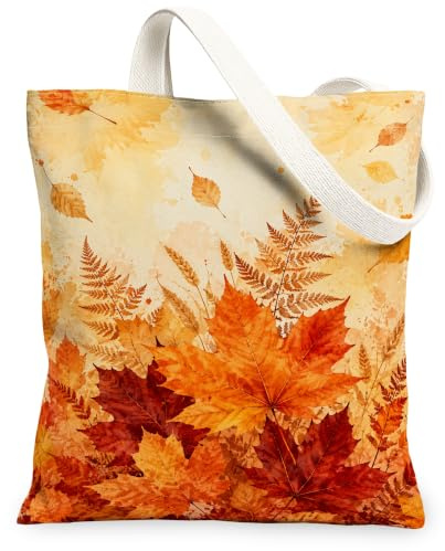 Ahornblätter-Canvas-Tragetasche, saisonale Natur-inspirierte Farn-Blätter, Herbst-Orange, Markt-Tragetasche, 33 x 38 cm, Orange/Abendrot im Zickzackmuster (Sunset Chevron), 13x15 Inch