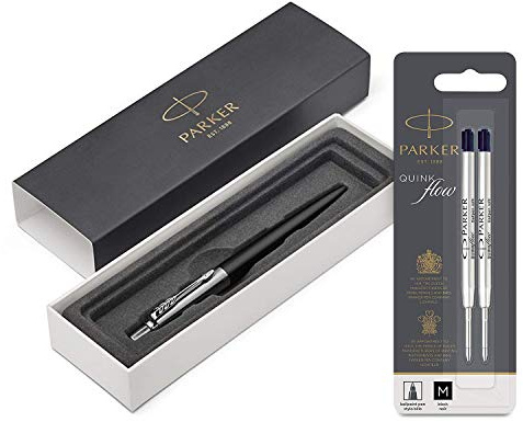 Parker Jotter Bond Street Black CT Ballpoint Pen, Gift Box with Quinkflow Ball Pen Refill Medium Nib Black, Pack of 2