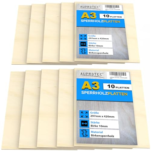 AUPROTEC 10x A3 Sperrholz-Platten Birke 10mm Multiplexplatten (297 mm x 420 mm) Bastel- und Laubsäge-Holzplatten Birke Massiv Multiplex Holz Industriequalität