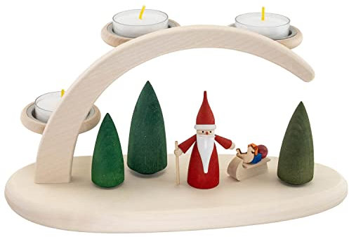Rudolphs Schatzkiste Schwibbogen Weihnachtswichtel mit Schlitten und Teelicht BxHxT 24x13x12cm NEU Lichterbogen Fensterbogen Spitzbogen Erzgebirge Weihnachten Bergbau Bergmann Licht Holz Dekoration