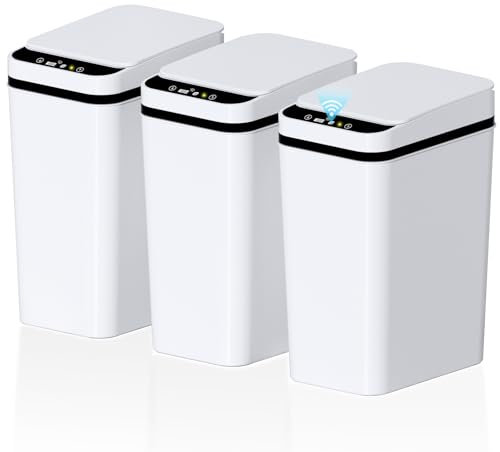 jinligogo 3Pack Bathroom Small Trash Can with Lid, 2.6 Gallon Touchless Automatic Garbage Can Slim Waterproof Motion Sensor Smart Trash Bin for Bedroom, Office, Living Room-White