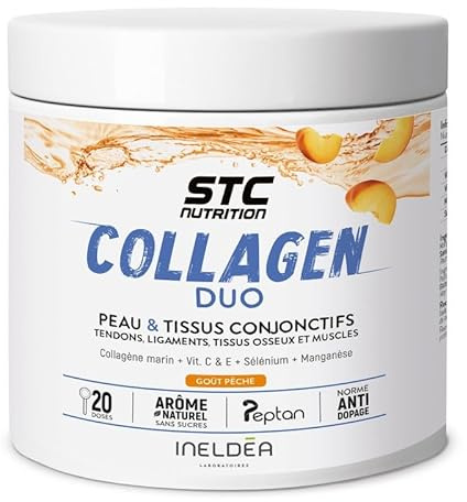 STC NUTRITION - Collagen Duo - Favorise la Santé de la Peau, des Os et des Articulations - Collagène Marin Type I + Vitamines C & E + Sélénium + Manganèse - Arôme naturel de pêche - 20 doses