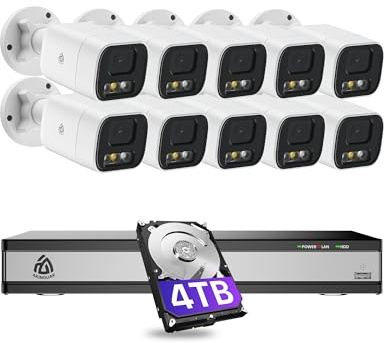 AKINGUAR 5MP PoE Kit Videosorveglianza Esterno, Rilevamento Uomo/Veicolo, 4K NVR 16CH 4TB + 10x Telecamere IP, Visione Notturna a Colori, Audio Bidirezionale, Allarme Sirena, Impermeabile IP66
