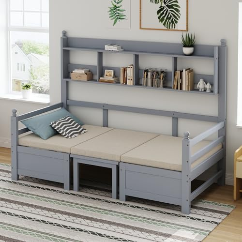 Oxtao Multifunktionales Massivholz Schlafsofa 90x200, 2-in-1 Bett und Schreibtisch, Frei Umbaubar, Mit Bücherregal Zur Aufbewahrung, Mit Bequemen Kissen, Gästebett (Grau)