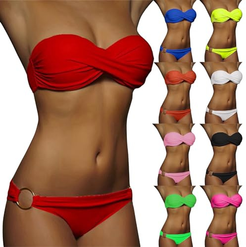 Women's Strapless Bandeau Bikini Set Push Up Padded Bandeau Bikini Sets for Women UK Sexy Halter Bikinis Top & String Bottom Backless Swimming Costume Swimwear for Summer Beach Red