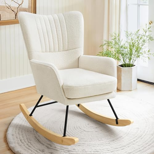 LUE BONA Schaukelstuhl aus Teddystoff, Polstersessel mit Armlehnen & Holzkufen, Bequemer Relaxstuhl für Wohnzimmer, Schlafzimmer, Creme-beige
