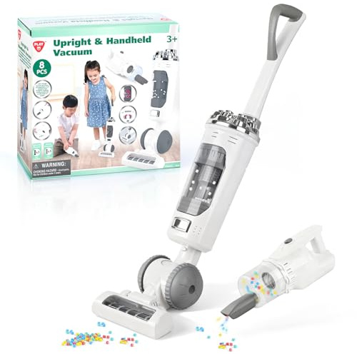 PLAY 2 in 1 Aspirapolvere Giocattolo Bambini, Aspirapolvere Bambini Funzionante con Particelle EVA, Effetto di Aspirazione e Suono Realistico, Set Pulizia Giocattolo 3+ Anni (bianco)