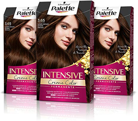 Palette Intensive Creme Color 3-65 Castaño Chocolate, tinte permanente con aceite de macadamia y almendras, cubre el 100% de las canas y raíces, para un pelo radiante, Pack 3