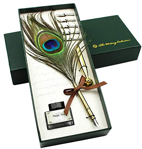 Peacock Federkiel Dip Pen Englisch Kalligraphie Feder Schreibfeder Dip Quill Pen schreiben Tinte Set mit 5 Ersatzspitzen und Pen Nib Basis Calligraphy Set für Briefpapier Geschenk