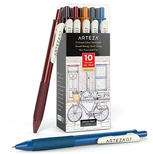 ARTEZA Gel Pens Colored Set of 10, Unique Vintage Colors, Retractable Pens Assorted Colors