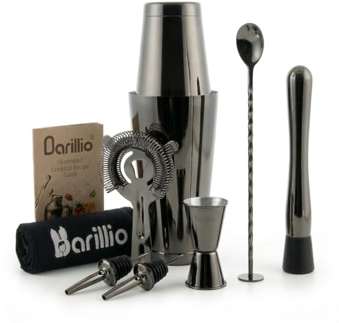 Barillio Black Boston - Juego de coctelera de acero inoxidable con peso para coctelera Martini con colador y mezclador, kit de barman de mixología, juego de bar para el hogar, juego de coctelera de 9