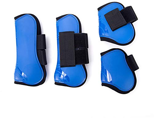 Merauno® Set de 4 Guêtres pour Chevaux, Paire de Guêtres pour Avant et Arrière avec Coque Dur et Fermeture Velcro pour Femmes & Hommes, en PU Robuste et Élastique, Tendon Boots Classic (L(WB), Bleu)