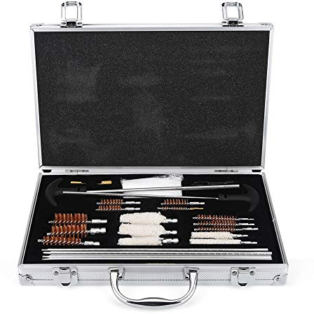 Juego de Limpieza de Armas de 28 Piezas, Juego de Limpieza Juego de Cuidado de Armas Limpieza de Armas Universal Cuidado de Armas con Caja de Aluminio para Escopeta Rifle Pistola de Aire Comprimido