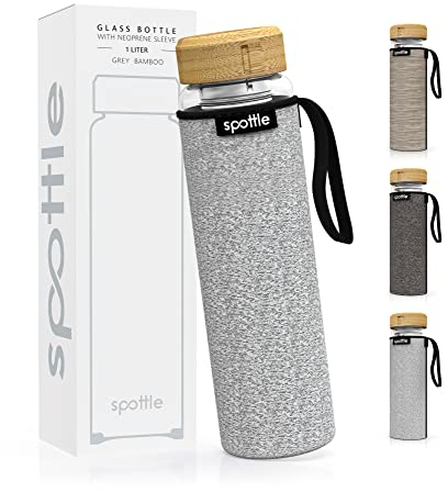 spottle Borraccia da Tè in Vetro con Infusore in Acciaio Inox – Doppia Parete in Borosilicato, Custodia in Neoprene, Lavabile in Lavastoviglie, 1 L