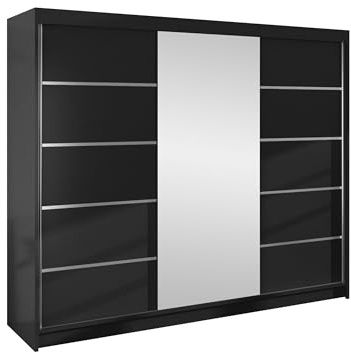 Mirjan24 Kleiderschrank Dotan VI mit Spiegel, Kleiderstange und Fächer, Schlafzimmerschrank, Schwebetürenschrank, Dielenschrank, Garderobenschrank (Schwarz/Schwarz)
