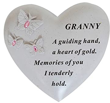 Personalised Grave Ornament/Memorial Plaque with Heart With 3 butterflies & Blue Gems | Graveside Decoration Gift in the Loving Memory of your Loving Deceased Ones (Granny)