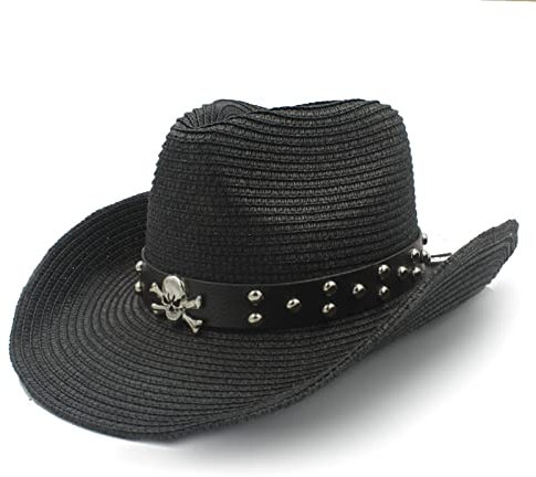 QBQZXAOSOWH Fedora Trilby Damen Herren Stroh Western Cowboyhüte Mit Aufrollbarer Krempe Lady Gentleman Strand Cowgirl Sombrero Sonnenkappe Größe 56-58Cm Schwarz