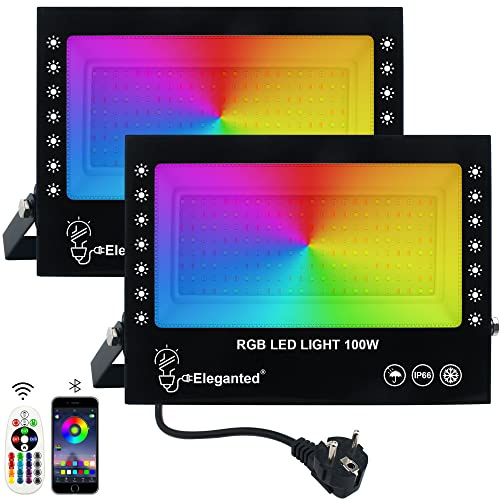 Eleganted RGB Flutlichter 2pcs 100W LED Strahler Bunt Bluetooth App Steuerung,16 million Farben Farbwechsel Strahler, IP66 Wasserdicht Außenstrahler für DJ Disco Halloween Party Garten