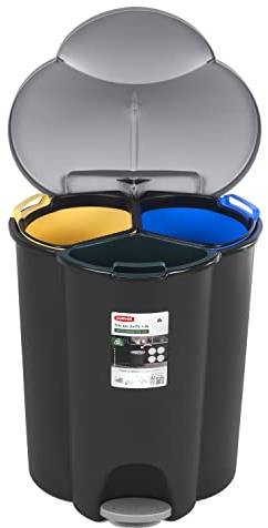 Curver Trio V2 Abfalleimer 40L Treteimer Müllsortierung 3 Fächer Mülltrennsystem Abfalltrennsystem 3-Fach Inneneimer aus Kunststoff