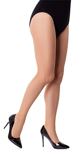 NOQ Collants en résille pour femme avec maille cabaret petits diamants bas à mailles fines, Beige classique, S