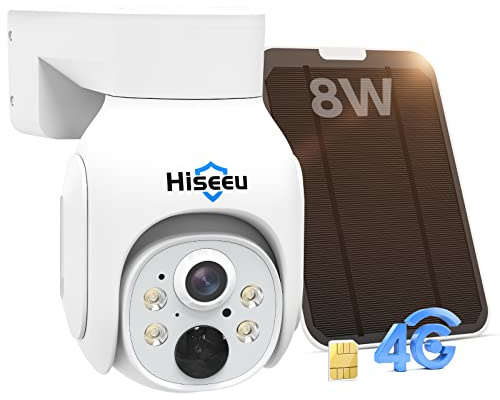 Hiseeu 3G/4G LTE Telecamera da Esterno con Scheda SIM 100MB,Senza Fili 2K 360° Solare PTZ Telecamera Sorveglianza Batteria con Visione Notturna a Colori,Rilevamento PIR,Tracciamento Auto,Audio a 2 Vie
