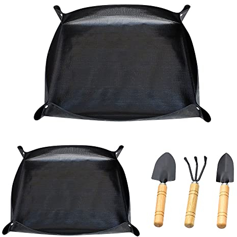 UYUYong 2 Pcs Pflanzunterlage Schwarz 1m x 1m + 0.5m x 0.5m PE wasserdichte Gartenmatte Pflanzmatte + Eisenharke Minischaufel Faltbare Gartenmatte für Umtopf Sukkulenten Innenberei Garten