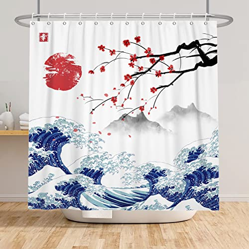 SDOTPMT 105x160cm Rideau de Douche Mont Fuji Japon Sakura Sunset Asie Rideau de Douche à l'encre Paysage ondulé Peinture Baignoire Rideau Salle de Bain Décoration Tissu Crochet imperméable