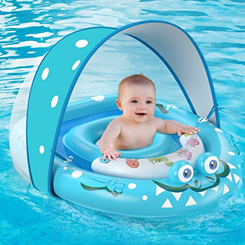 URMYWO Schwimmring Baby,schwimmhilfe Baby mit abnehmbares Sonnendach UPF50+ & Verstellbarer Sicherheitssitz Schwimmring Kleinkind für 6-36 Monate(blau