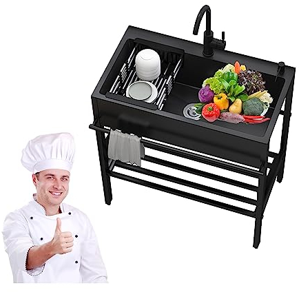 Spülbecken,Waschbecken Küche,Outdoor Spüle mit Unterschrank,Camping Waschbecken,Edelstahl Spültisch, mit 360 ° Drehbarer Wasserhahn Schwarz,Ablauf-Set,Seifenspender,Halterung,Für Garden ( Color : Nero