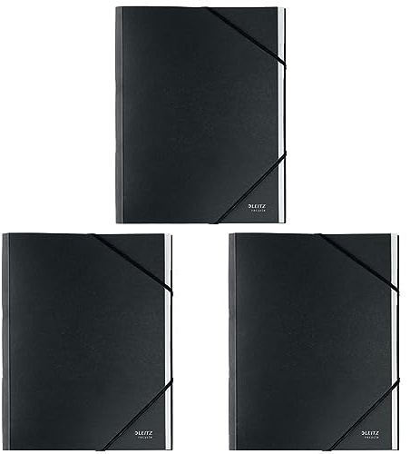 Leitz A4 Ordnungsmappe, 6 integrierte Fächer, Elastischer Gummiband-Verschluss, 100% recyclebar, Umweltfreundlich, Recycle-Serie, Schwarz, 39140095 (Packung mit 3)
