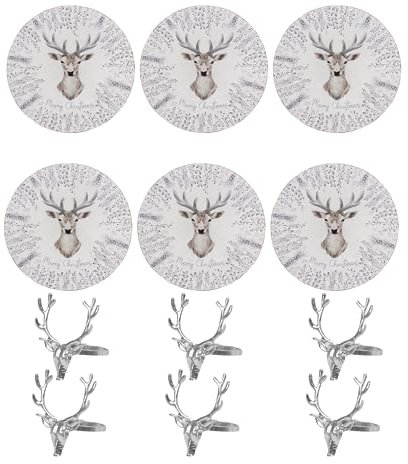 YöL Set Of 6 Christmas Charger Plates & 6 Stag Head Napkin Rings White And Grey Stag Design Xmas Lunch Dinner Table Decoration Serviette Holders