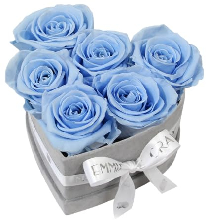 EG EMMIE GRAY Classic Infinity Rosenbox | Herz | Grau - Größe S mit 7 ± 1 Infinity Rosen, bis zu 3 Jahre haltbar, Flowerbox aus Samt mit konservierten Rosen, Blumenbox (Baby Blue)