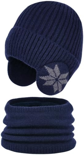 Yixda Kinder Wintermütze Schal Set mit Fleece Gefütterte Jungen Mädchen Strickmütze Schlauchschal 4-10 Jahren (Acryl, Navy)