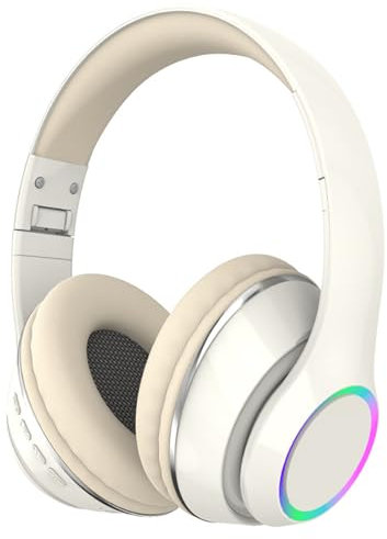 Fiauli Wireless Headphones Over Ear,Foldable Bluetooth Headphones With Microphone,RGB Light,HiFi Stereo Bluetooth Headphones Over Ear,Lightweight Noise Cancelling Wireless Headset for Travel (Beige)