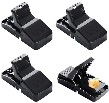FIHODONE 4 Stück Mausefalle, Wiederverwendbar Mäusefalle mit Abnehmbarer Köderschale, Rattenfalle Starke Bisskraft, Schwarz Mausefalle Schlagfalle für Drinnen und Draußen Mouse Trap